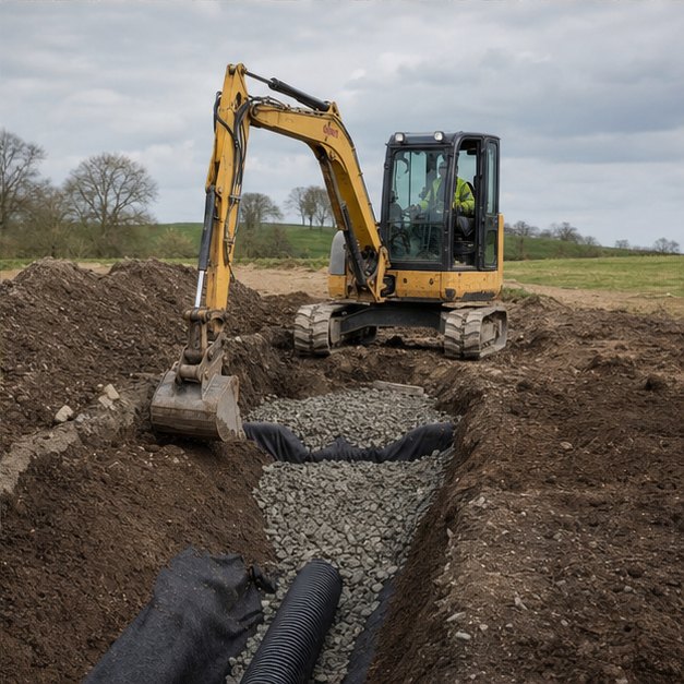 Excavator completing drainage ground work